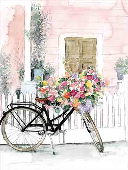 Dogwood Portfolio DOG283 - DOG283 - Flower Bicycle I - 12x16 Flowers, Basket, Bicycle, Bike, Fence, Door, House, Watercolor from Penny Lane