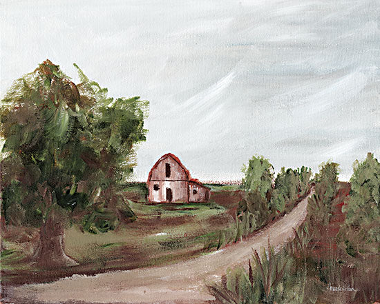 Amanda Hilburn AH145 - AH145 - A Country Lane - 16x12 country landscape, red-roof barn, dirt road, rural scenery, lush greenery, farmstead, rustic, cloudy sky, natural textures, peaceful setting from Penny Lane