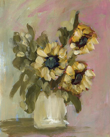 Amanda Hilburn AH265 - AH265 - Moody Sunflowers - 12x16 sunflowers, vase, loose brush strokes, abstract floral, soft pink background from Penny Lane