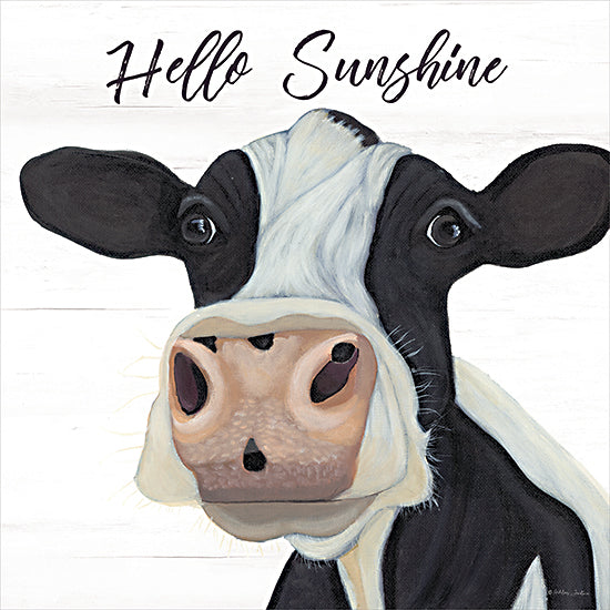 Ashley Justice AJ133 - AJ133 - Hello Sunshine   - 12x12 cow portrait, 'Hello Sunshine' text, cheerful animal art, black and white cow, humorous typography from Penny Lane