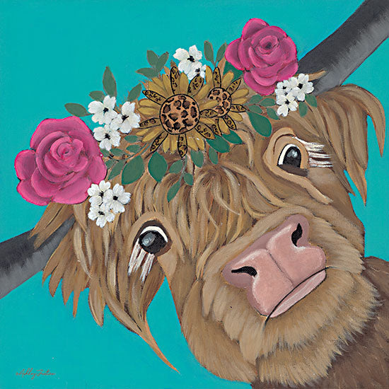 Ashley Justice AJ166 - AJ166 - Sassy Frassy - 12x12 highland cow, flower crown, humorous animal, teal background, folk art, animal portrait, cow with roses and sunflowers from Penny Lane