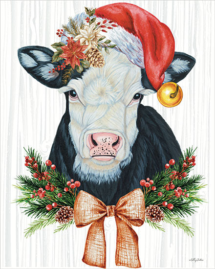 Ashley Justice AJ230 - AJ230 - Christmas Grace - 12x16  white and black cow, santa hat, Christmas decor, festive, pine cones, red berries, Ashley Justice from Penny Lane