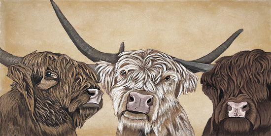 Ashley Justice AJ240 - AJ240 - Highland Trio - 18x9 highland cows, trio, textured background, horns, expressive eyes, Ashley Justice from Penny Lane