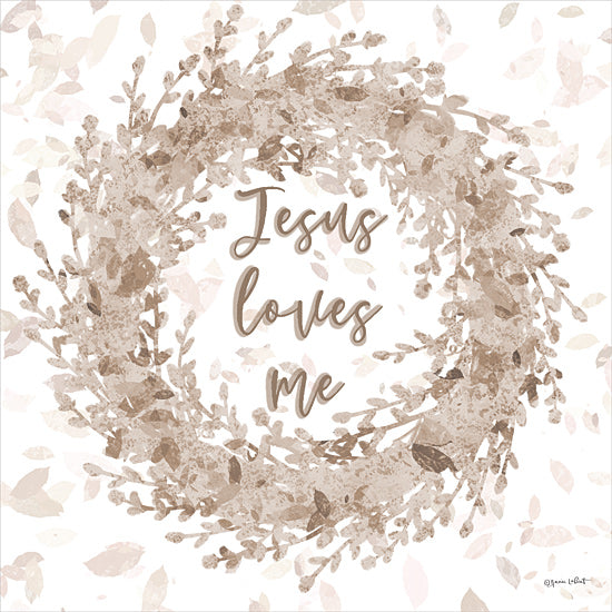 Annie LaPoint ALP2615 - ALP2615 - Jesus Loves Me Wreath - 12x12 wreath, religious message, Jesus loves me, pastel leaves, Christian art, typography, neutral tones, inspirational quote from Penny Lane