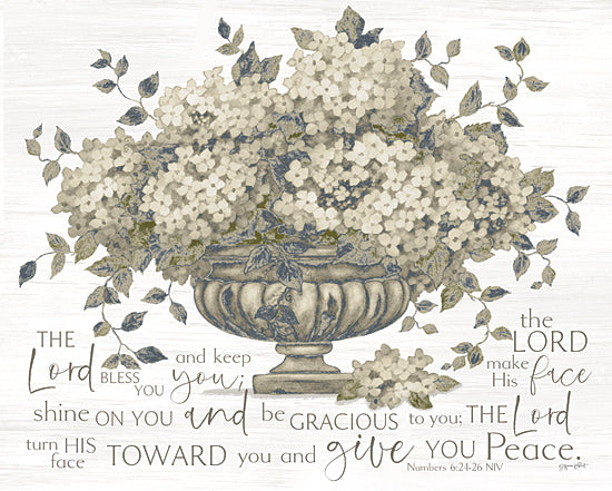 Annie LaPoint ALP2673 - ALP2673 - The Lord Bless You - 16x12 biblical verse, Numbers 6:24-26, hydrangea flower pot, inspirational scripture, religious blessing, ornate font, pastel greens from Penny Lane