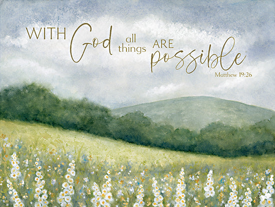Annie LaPoint ALP2718 - ALP2718 - With God Wildflowers - 16x12 meadow, countryside scene, Matthew 19:26, faith-based artwork, rolling green hills, soft florals, religious encouragement, peaceful nature, inspirational message, pastoral painting from Penny Lane