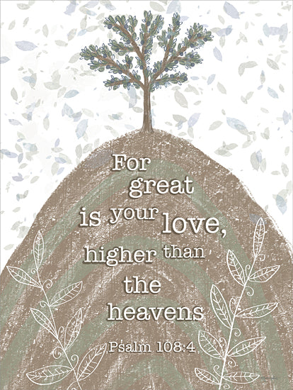 Annie LaPoint ALP2727 - ALP2727 - Great is Your Love - 12x16 Psalm 108:4, hill and tree illustration, earthy green landscape, foliage outline, scripture quote, divine love message from Penny Lane