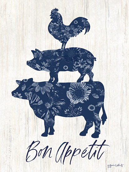 Annie LaPoint ALP2742 - ALP2742 - Bon Appetit Farm Animal Stack - 12x16 farm animals, rooster, pig, cow, floral pattern, bon appétit, navy blue, kitchen art, Jamie Lofgreen from Penny Lane