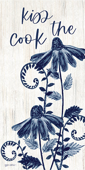 Annie LaPoint ALP2745 - ALP2745 - Kiss the Cook Flowers - 9x18 kiss the cook, blue floral kitchen sign, rustic farmhouse decor, typography art, cozy kitchen inspiration, cheerful lettering, word art, decorative quote, vintage country charm, botanical accents from Penny Lane