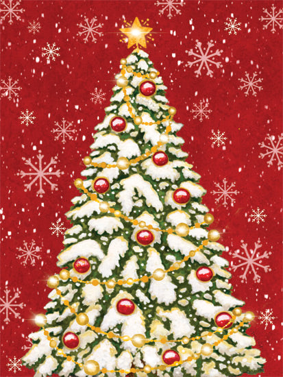 Annie LaPoint ALP2767 - ALP2767 - Oh Christmas Tree - 12x16 Snow-covered Christmas tree, red ornaments, gold garland, snowfall background, festive decorations, winter holiday, traditional style, glowing star from Penny Lane