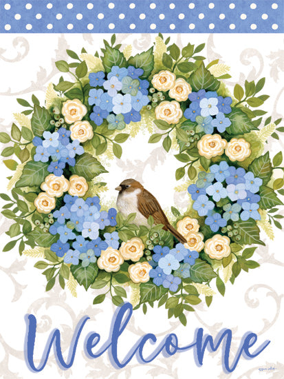 Annie LaPoint ALP2792 - ALP2792 - Welcome Sparrow Hydrangea Wreath - 12x16 welcome wreath, blue flowers, bird, spring decor from Penny Lane