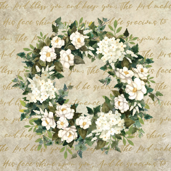 Annie LaPoint ALP2795 - ALP2795 - The Lord Bless You Wreath - 12x12 floral wreath, gardenias, hydrangeas, greenery, watercolor flowers, botanical, scripture background, blessing, soft green tones, inspirational from Penny Lane