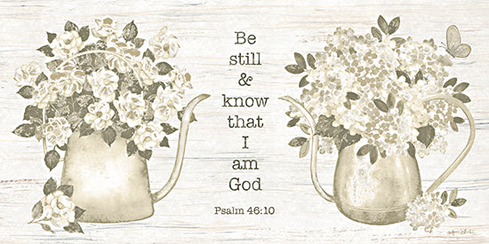 Annie LaPoint ALP2803 - ALP2803 - Be Still Vintage Blooms - 18x9 watering can, floral bouquet, hydrangea, white flowers, farmhouse pitcher, rustic wood background, inspirational quote, scripture, Psalm 46:10, be still and know, religious wall art, country decor, neutral green palette, painterly from Penny Lane