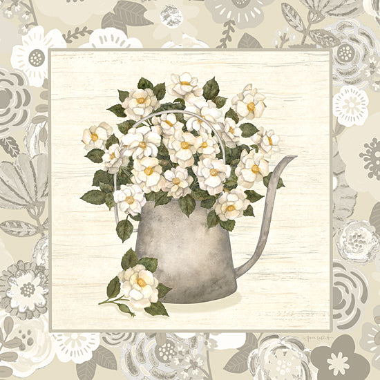 Annie LaPoint ALP2819 - ALP2819 - My Garden Roses - 12x12 watering can with white flowers, floral arrangement, green and beige tones, vintage farmhouse decor, gentle bouquet from Penny Lane