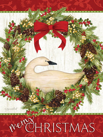 Annie LaPoint ALP2845 - ALP2845 - Merry Christmas Goose Wreath - 12x16 christmas wreath, swan, winter holiday, greenery, pinecones, berries, red bow, merry christmas, seasonal decor, festive, rustic background, holiday illustration, winter, nature from Penny Lane