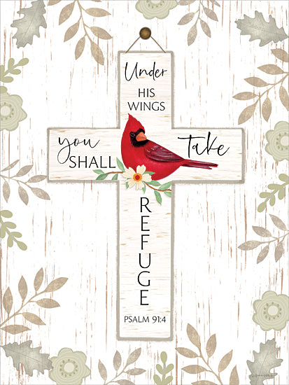 Annie LaPoint ALP2851 - ALP2851 - Under His Wings Cross - 12x16 cardinal, cross wall art, Psalm 91:4, scripture, refuge, floral Christian decor, red bird, inspirational verse, Under His Wings from Penny Lane