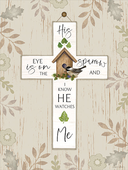 Annie LaPoint ALP2852 - ALP2852 - His Eye is on the Sparrow Cross - 12x16 sparrow, cross art, His Eye is on the Sparrow, birdhouse, Christian encouragement, floral ivy, scripture verse, comforting decor from Penny Lane