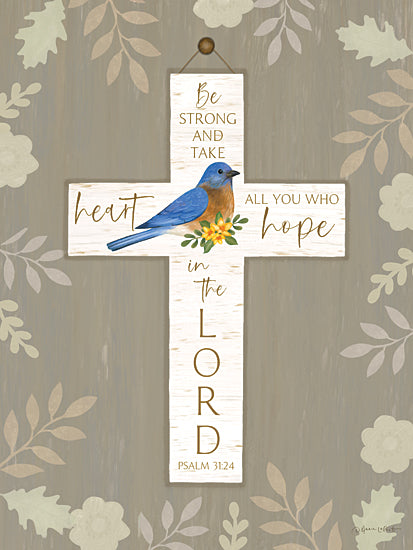 Annie LaPoint ALP2853 - ALP2853 - Hope in the Lord Cross - 12x16 bluebird, Psalm 31:24, Be strong and take heart, inspirational scripture, Christian decor, yellow flower, hopeful verse wall cross from Penny Lane