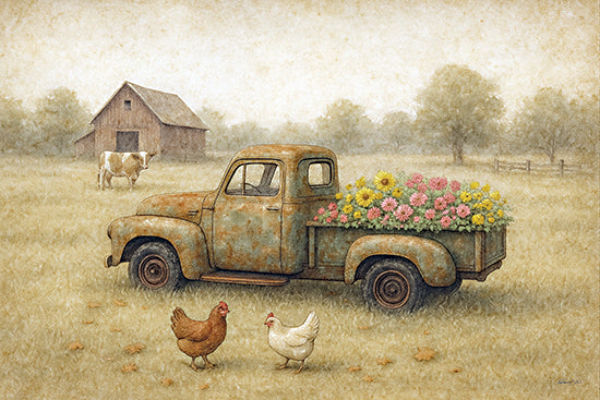Anthony Smith ANT159 - ANT159 - Yesterday's Blooms - 18x12 farm truck with flowers, country barn scene, chickens, cow, field, rustic vintage farm life, floral pickup, watercolor art from Penny Lane