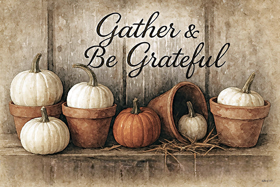 Anthony Smith ANT161 - ANT161 - Gather & Be Grateful - 18x12 white and orange pumpkins, terracotta pots, autumn decor, rustic background, 'Gather & Be Grateful' text, hay, farmhouse style, cozy seasonal arrangement, still life composition from Penny Lane