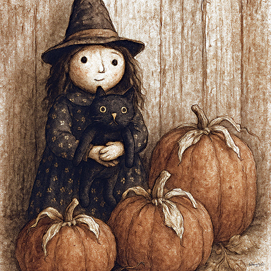 Anthony Smith ANT166 - ANT166 - A Witch's Best Friend - 12x12 young witch with black cat, Halloween doll, rustic wall, orange pumpkins, folk Halloween style, vintage children’s art, cute eerie theme from Penny Lane