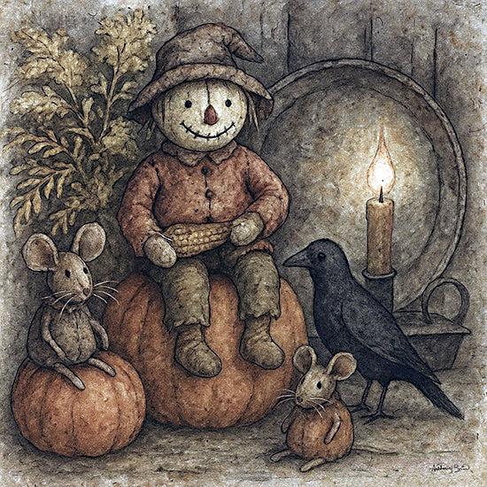 Anthony Smith ANT170 - ANT170 - Little Friends of Fall - 12x12 scarecrow with animals, candlelight, mice and crow, sitting on pumpkins, holding corn, cozy autumnal Halloween, rustic animal friends from Penny Lane