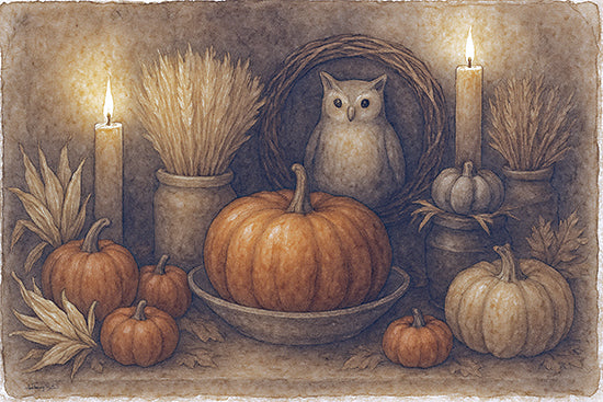 Anthony Smith ANT171 - ANT171 - Gentle Glow of Fall - 18x12 pumpkins, candles, wheat sheaves, owl figurine, rustic, autumn harvest, corn husks, still life, cozy lighting, dark background, candle glow, traditional decor from Penny Lane
