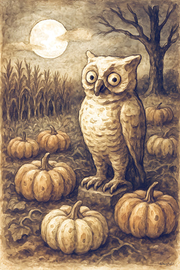 Anthony Smith ANT172 - ANT172 - Harvest Moon Hoot - 12x18 owl, full moon, pumpkins, cornfield, night scene, eerie, Halloween, spooky, autumn field, dark tree, fantasy owl, glowing moonlight from Penny Lane