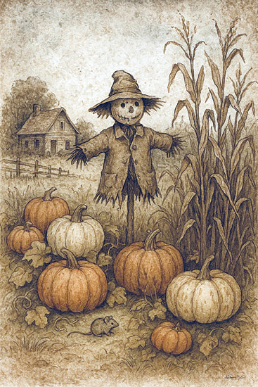 Anthony Smith ANT177 - ANT177 - The Old Scarecrow - 12x18 scarecrow, pumpkins, farmhouse, corn plants, rustic home, mouse, folk style, harvest field, countryside, autumn from Penny Lane