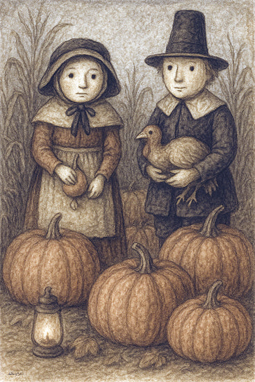 Anthony Smith ANT178 - ANT178 - Sharing the Bounty - 12x18 pilgrims, boy and girl, turkey, pumpkins, lantern, thanksgiving theme, colonial clothing, harvest decor, autumn field, folk style from Penny Lane