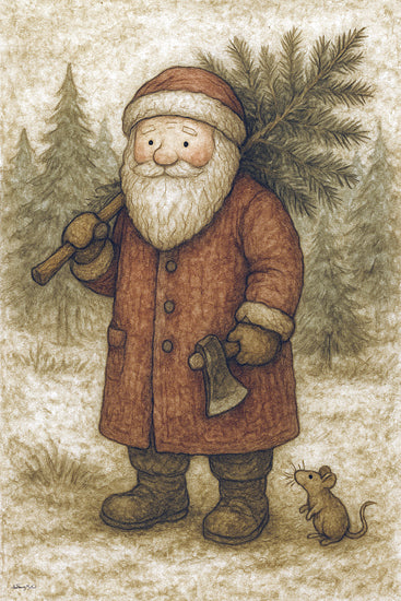 Anthony Smith ANT182 - ANT182 - Santa's Little Helper - 12x18 Santa Claus, pine tree, axe, mouse, forest, snowy background, Christmas attire, folk style from Penny Lane