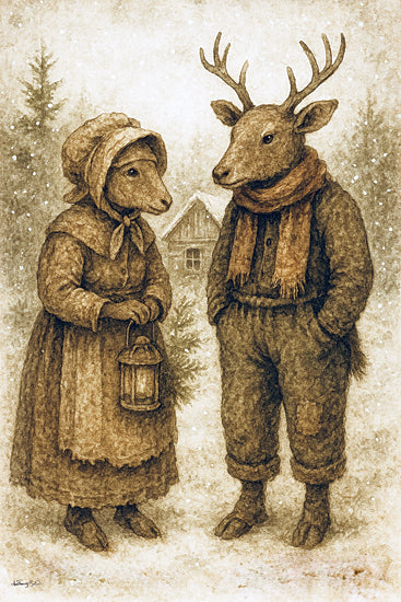 Anthony Smith ANT187 - ANT187 - Deer Folk - 12x18 Anthropomorphic deer, mouse holding lantern, vintage clothing, snowy forest, rustic house from Penny Lane