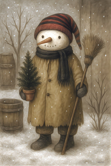 Anthony Smith ANT188 - ANT188 - The Snowman's Little Tree - 12x18 Snowman with potted tree and broom, striped hat, snowy background, rustic barrels, winter scene from Penny Lane