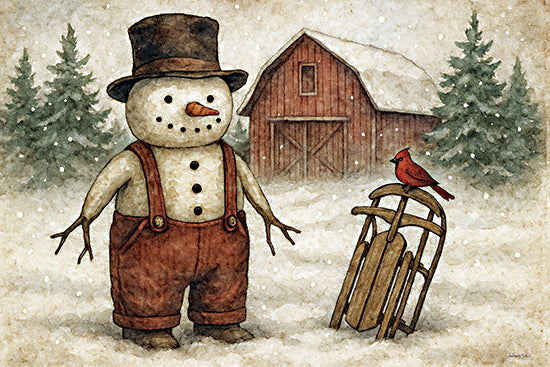 Anthony Smith ANT190 - ANT190 - Let's Go Sledding - 18x12 Snowman with top hat, red overalls, sled, cardinal bird, red barn, snowy pine trees from Penny Lane