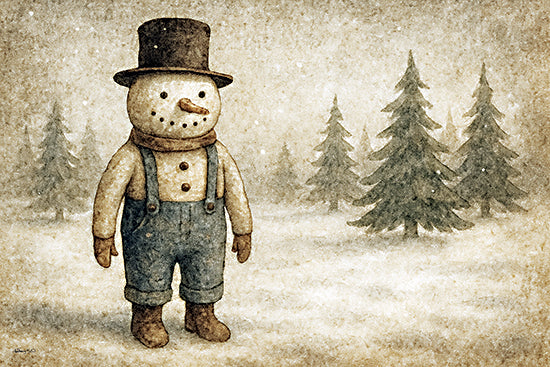 Anthony Smith ANT191 - ANT191 - Frosted Forest Friend - 18x12 snowman, top hat, scarf, denim overalls, gloves, winter forest, snow, whimsical, vintage texture, holiday card, nostalgic, frosty, peaceful from Penny Lane