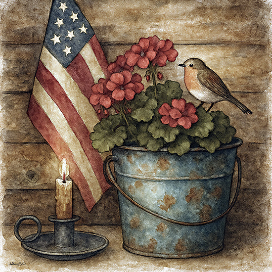 Anthony Smith ANT193 - ANT193 - Patriotic Perch - 12x12 American flag, red geraniums, bird, candle, rustic wood, flower bucket, patriotic decor, country charm, warm lighting, still life from Penny Lane