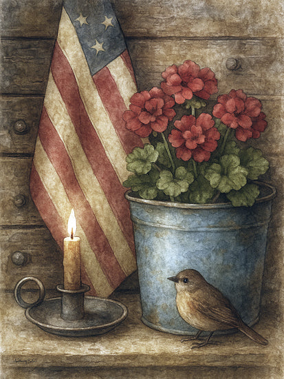 Anthony Smith ANT194 - ANT194 - A Song for Freedom - 12x16 American flag, geraniums in bucket, candle, bird on table, rustic background, country home, warm ambiance, old-fashioned style from Penny Lane