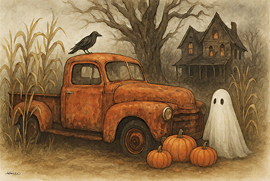 Anthony Smith ANT199 - ANT199 - The Ghostly Pickup - 18x12 haunted house, ghost, pumpkins, rusty truck, crow, corn stalks, spooky tree, eerie autumn scene, halloween theme, dark ambiance from Penny Lane