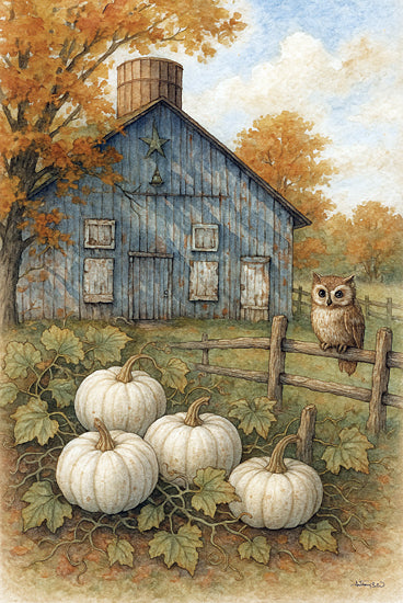 Anthony Smith ANT200 - ANT200 - Pumpkin Patch Owl - 12x18 white pumpkins, owl, autumn barn, wooden fence, colorful fall trees, blue barn, rustic decor, quiet countryside, fall foliage from Penny Lane