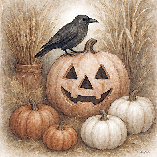 Anthony Smith ANT203 - ANT203 - Jack-O-Lantern Crow - 12x12  jack-o-lantern, crow, pumpkins, white gourds, autumn grass, candlelight, halloween still life, rustic background from Penny Lane