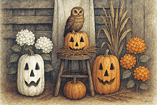 Anthony Smith ANT205 - ANT205 - Rustic Halloween - 18x12 brown owl, Halloween pumpkins, jack-o'-lanterns, rustic stool, fall hydrangeas, wheat stalks, harvest season decor, wooden barn setting, country Halloween scene from Penny Lane