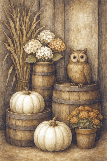 Anthony Smith ANT206 - ANT206 - Owl and Pumpkins - 12x18 owl on wooden barrel, white pumpkins, fall hydrangeas, harvest arrangement, rustic decor, wooden background, seasonal flowers, cozy farmhouse style from Penny Lane