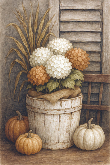 Anthony Smith ANT207 - ANT207 - Autumn Still Life - 12x18  bucket of hydrangeas, orange and white flowers, white pumpkins, rustic shutter, farmhouse fall decor, seasonal plants, wood textures from Penny Lane