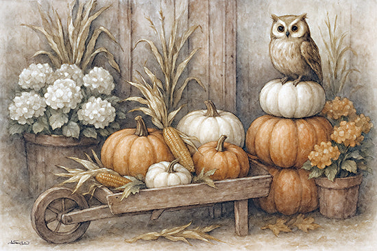 Anthony Smith ANT208 - ANT208 - Pumpkins and Owl - 18x12 stacked pumpkins, owl on top, white and orange pumpkins, corn stalks, wheelbarrow with harvest vegetables, hydrangeas, fall decor, farmhouse style from Penny Lane
