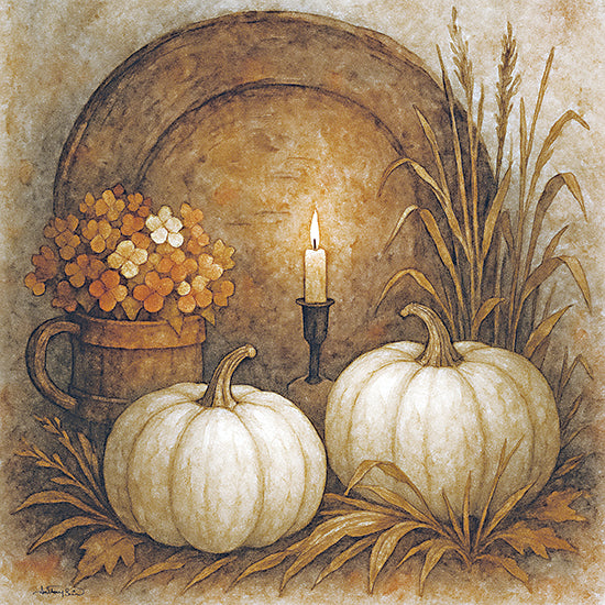Anthony Smith ANT209 - ANT209 - Autumn Glow - 12x12  candle with flame, white pumpkins, wheat stalks, orange flowers in mug, rustic tray, fall vignette, moody lighting, cozy seasonal display from Penny Lane