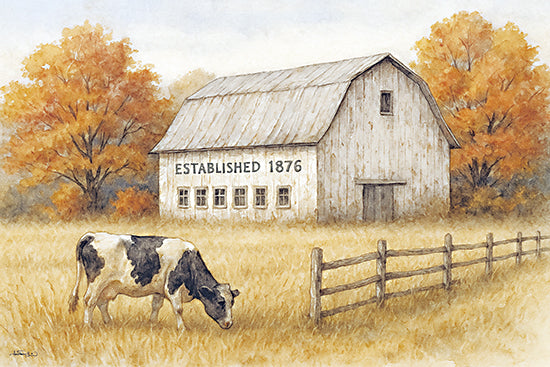Anthony Smith ANT217 - ANT217 - Established 1876 - 18x12 barn with established 1876, grazing cow, golden field, autumn trees, historic farmstead, white wooden barn, rural life from Penny Lane