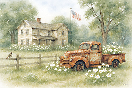 Anthony Smith ANT233 - ANT233 - Timeless Americana  - 18x12 rusty red truck, american flag, wildflowers, bird on fence, old farmhouse, springtime, peaceful country setting, vintage decor from Penny Lane