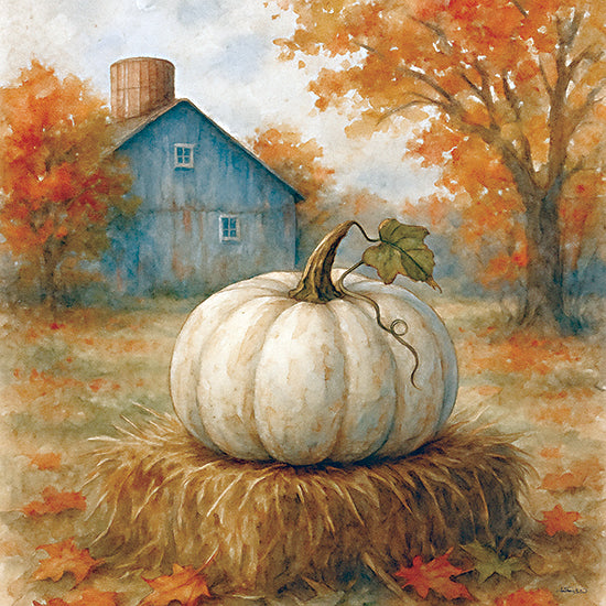 Anthony Smith ANT236 - ANT236 - Hue of Autumn - 12x12 white pumpkin, hay bale, autumn leaves, rustic farmhouse, fall trees, harvest time, countryside, peaceful scene, farmhouse with silo from Penny Lane