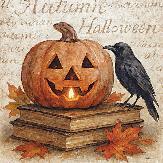 Anthony Smith ANT239 - ANT239 - Jack-O'-Lantern's Perch - 12x12 jack-o-lantern on books, black crow, autumn leaves, Halloween candle, vintage style, Halloween theme, rustic background from Penny Lane