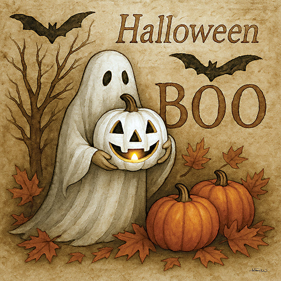 Anthony Smith ANT240 - ANT240 - Halloween Boo - 12x12 ghost holding white jack-o-lantern, bats, Halloween scene, pumpkins, autumn leaves, spooky cute art, whimsical fall from Penny Lane